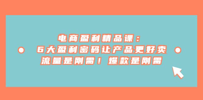 电商 盈利精品课：6大盈利 密码让产品更好卖，流量是刚需！爆款是刚需汇创项目库-网创项目资源站-副业项目-创业项目-搞钱项目汇创项目库