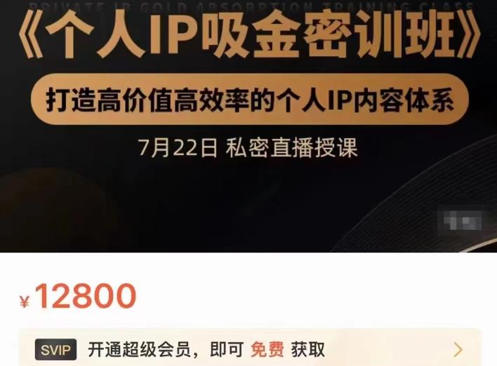 个人IP吸金密训班，打造高价值高效率的个人IP内容体系（价值12800元）汇创项目库-网创项目资源站-副业项目-创业项目-搞钱项目汇创项目库