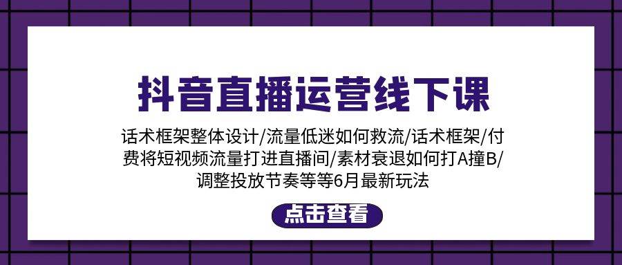 抖音直播运营线下课：话术框架/付费流量直播间/素材A撞B/等6月新玩法汇创项目库-网创项目资源站-副业项目-创业项目-搞钱项目汇创项目库