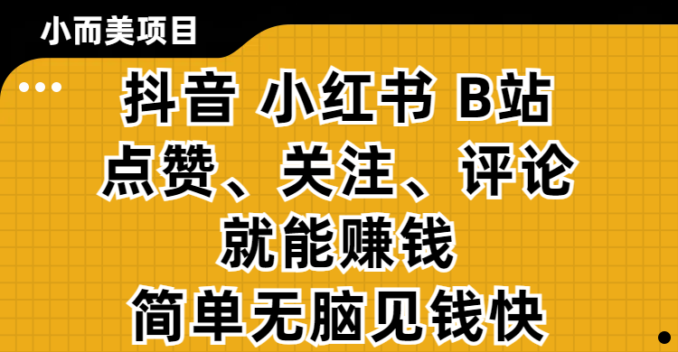 小而美的项目，抖音、小红书、B站视频点赞、关注、评论就能赚钱，简单无脑立见收益！妥妥的零撸项目汇创项目库-网创项目资源站-副业项目-创业项目-搞钱项目汇创项目库