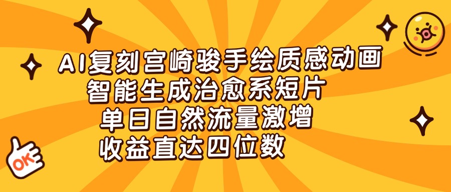 AI复刻宫崎骏手绘质感动画，智能生成治愈系短片，单日自然流量激增，收益直达四位数汇创项目库-网创项目资源站-副业项目-创业项目-搞钱项目汇创项目库