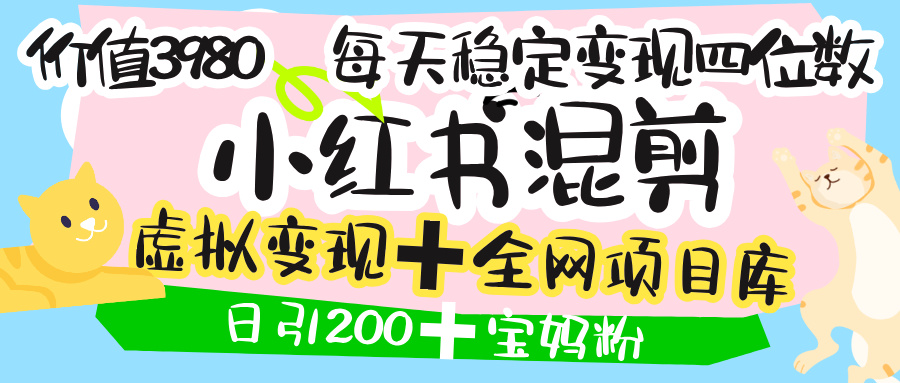 价值3980的小红书混剪， 虚拟变现 ＋全网项目库 ， 日引200+宝妈创业粉，每天稳定四位数变现汇创项目库-网创项目资源站-副业项目-创业项目-搞钱项目汇创项目库